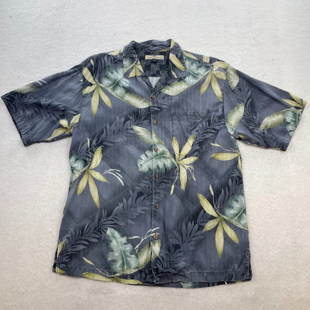 Tommy Bahama Men's Gray Yellow 100% Silk Hawaiian Aloha Camp Floral Size Medium